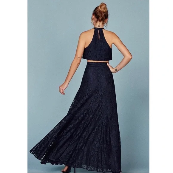 NEW REFORMATION NAVY LACE CROP TOP & WRAP SKIRT TWO-PIECE SET - Picture 6 of 8